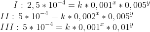 I:\,2,5*10^{-4}=k*0,001^x*0,005^y\\ II:\,5*10^{-4}=k*0,002^x*0,005^y\\ III:\,5*10^{-4}=k*0,001^x*0,01^y\\