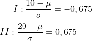 I:\frac{10-\mu}{\sigma}=-0,675\\ \\II:\frac{20-\mu}{\sigma}=0,675\\