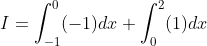 I=\int_{-1}^{0}(-1) d x+\int_{0}^{2}(1) d x