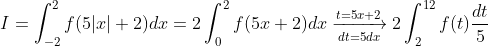 I=\int_{-2}^{2}f(5|x|+2)dx=2 \int_{0}^{2}f(5x+2)dx\xrightarrow[dt=5dx]{t=5x+2} 2\int_{2}^{12}f(t)\frac{dt}{5}