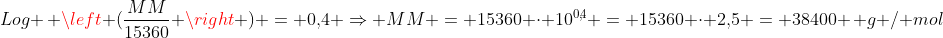 Log , left (frac{MM}{15360} 
ight ) = 0,!4 Rightarrow MM = 15360 cdot 10^{0,!4} = 15360 cdot 2,!5 = 38400 , g / mol