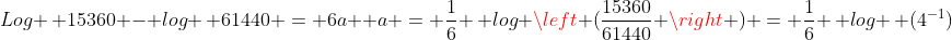 Log , 15360 - log , 61440 = 6a \ a = frac{1}{6} , log left (frac{15360}{61440} 
ight ) = frac{1}{6} , log , (4^{-1})