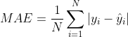 M A E=\frac{1}{N} \sum_{i=1}^{N}\left|y_{i}-\hat{y}_{i}\right|