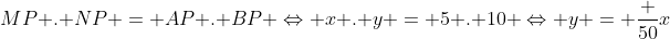 MP . NP = AP . BP Leftrightarrow x . y = 5 . 10 Leftrightarrow y = frac {50}{x}