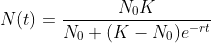 N(t)=\frac{N_{0}K}{N_{0}+(K-N_{0})e^{-rt}}
