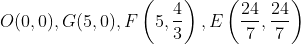 O(0,0), G(5,0), F\left(5, \frac{4}{3}\right), E\left(\frac{24}{7}, \frac{24}{7}\right)
