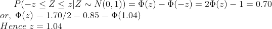 or, Φ(z) = 1.70/2 = 0.85 = Φ(1.04) Hence 1.04