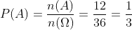 P(A) = \frac{n(A)}{n(\Omega )} = \frac{12}{36} = \frac{1}{3}