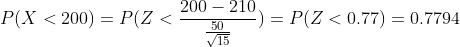 200- 210 P(X < 200) P(Z < ) = P(Z < 0.77) = 0.7794 50 V15