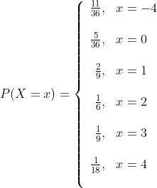 P(X=x)=\left\{ \begin{array}{rl} \frac{11}{36}, & x=-4\\\\ \frac{5}{36}, & x=0\\\\ \frac{2}{9}, & x=1\\\\ \frac{1}{6}, & x=2\\\\ \frac{1}{9}, & x=3\\\\ \frac{1}{18}, & x=4\\\\ \end{array} \right.