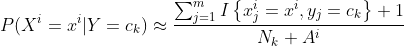 P(X^i=x^i|Y=c_k)\approx \frac{\sum_{j=1}^{m}I\left \{x_j^i =x^i,y_j=c_k \right \}+1}{N_k+A^i}