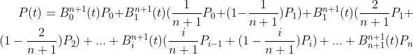 P(t)=B_0^{n+1}(t)P_0+B_1^{n+1}(t)(\frac{1}{n+1}P_0+(1-\frac{1}{n+1})P_1)+B_1^{n+1}(t)(\frac{2}{n+1}P_1+(1-\frac{2}{n+1})P_2)+...+B_i^{n+1}(t)(\frac{i}{n+1}P_{i-1}+(1-\frac{i}{n+1})P_{i})+...+B_{n+1}^{n+1}(t)P_n