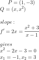 P=(1,-3)\\ Q=(x,x^2)\\ \\ slope:\\ f'=2x=\frac{x^2+3}{x-1}\\ \\ gives\\ x^2-2x-3=0\\ x_1=-1,x_2=3