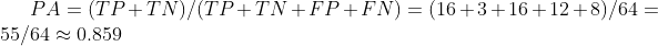 PA = (TP+TN)/(TP+TN+FP+FN) = (16+3+16+12+8)/64 = 55/64 \approx 0.859