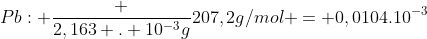 Pb: frac {2,163 . 10^{-3}g}{207,2g/mol} = 0,0104.10^{-3}