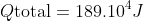 Qmathrm{total}=189.10^4J