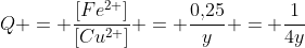 Q = frac{[Fe^{2+}]}{[Cu^{2+}]} = frac{0,!25}{y} = frac{1}{4y}