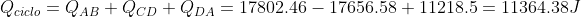 Q_{ciclo}=Q_{AB}+Q_{CD}+Q_{DA}=17802.46-17656.58+11218.5=11364.38J