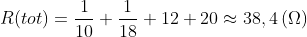 R(tot)=\frac{1}{10}+\frac{1}{18}+12+20\approx 38,4\, (\Omega)