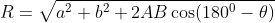 R=\sqrt{a^2+b^2+2AB\cos(180^0-\theta)}\;\;\;or \;\;\;R=\sqrt{a^2+b^2+2AB\cos(180^0-\theta)}