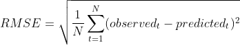 RMSE=\sqrt{\frac{1}{N}\sum_{t=1}^{N}(observed_t-predicted_t)^2}