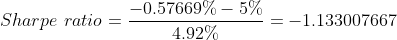 -0.57669% - 5% Sharpe ratio = - -=-1.133007667 4.92%