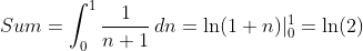 Sum=\int_{0}^{1}\frac{1}{n+1}\,dn=\ln(1+n)|_0^1=\ln(2)