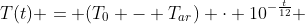 T(t) = (T_0 - T_{ar}) cdot 10^{-frac{t}{12}} + T_{ar}