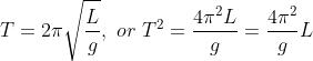 T=2\pi\sqrt{\frac{L}{g}},\ or\ T^{2}=\frac{4\pi^{2}L}{g}=\frac{4\pi^{2}}{g}L