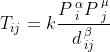 T_{ij} = k \frac {P\, _{i}^{\alpha} P\, _{j}^{\mu}} {d\, _{ij}^{\beta }}
