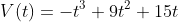 V(t)=-t^{3}+9t^{2}+15t