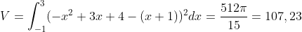 V=\int_{-1}^{3}(-x^2+3x+4-(x+1))^2dx=\frac{512\pi}{15}=107,23