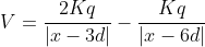 V=frac{2Kq}{|x-3d|}-frac{Kq}{|x-6d|}