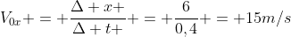 V_{0x} = frac{Delta x }{Delta t } = frac{6}{0,4} = 15m/s