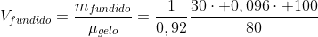V_{fundido}=frac{m_{fundido}}{mu_{gelo}}=frac{1}{0,92}frac{30cdot 0,096cdot 100}{80}