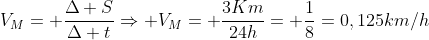 V_M= frac{Delta S}{Delta t}Rightarrow V_M= frac{3Km}{24h}= frac{1}{8}=0,125km/h