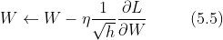 W\leftarrow W - \eta \frac{1}{\sqrt{h}}\frac{\partial L}{\partial W} \ \ \ \ \ \ \ \ (5.5)