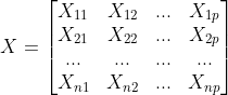 X=\begin{bmatrix} X_{11} & X_{12} & ... &X_{1p} \\ X_{21} & X_{22} & ... &X_{2p} \\ ...& ...& ... &... \\ X_{n1} & X_{n2} & ... & X_{np} \end{bmatrix}