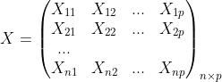 X=\begin{pmatrix}X_{11}&X_{12}&...&X_{1p}\\X_{21}&X_{22}&...&X_{2p} \\...\\X_{n1}&X_{n2}&...&X_{np}\end{}_{n \times p}