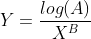 Y=frac{log(A)}{X^{B}}