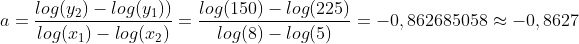 a=\frac{log(y_2)-log(y_1))}{log(x_1)-log(x_2)}=\frac{log(150)-log(225)}{log(8)-log(5)}=-0,862685058\approx -0,8627