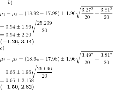 b) 3.272 3.812 in-n-(1892-1798) ±196vAar +- 25.209 20 = 0.94 ± 1.96 = 0.94 ± 2.20 (-1.26, 3.14) c) /3.492 3.812 ,42-μ (18.64-17.98) 1.96 20 20 26.696 20 0.66 ± 1.96 0.66 ± 2.158 (-1.50, 2.82)