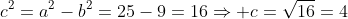 c^2=a^2-b^2=25-9=16Rightarrow c=sqrt{16}=4