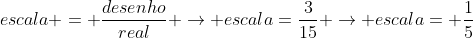 escala = frac{desenho}{real} ightarrow escala=frac{3}{15} ightarrow escala= frac{1}{5}