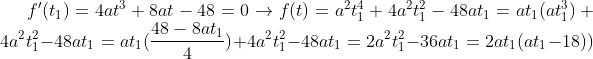 f`(t_1)=4at^3+8at-48=0 \rightarrow f(t) = a^2t_1^4+4a^2t_1^2-48at_1=at_1(at_1^3)+4a^2t_1^2-48at_1=at_1(\frac{48-8at_1}{4})+4a^2t_1^2-48at_1=2a^2t_1^2-36at_1=2at_1(at_1-18))