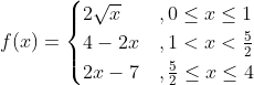 f(x)= \begin{cases}2 \sqrt{x} &, 0 \leq x \leq 1 \\ 4-2 x &, 1<x<\frac{5}{2} \\ 2 x-7 &, \frac{5}{2} \leq x \leq 4\end{cases}