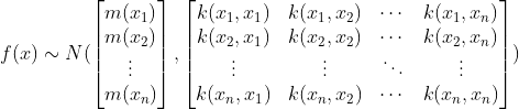 f(x)\sim N(\begin{bmatrix}m(x_1)\\m(x_2)\\\vdots\\m(x_n)\end{bmatrix},\begin{bmatrix} k(x_1,x_1) & k(x_1,x_2) &\cdots &k(x_1,x_n)\\ k(x_2,x_1) & k(x_2,x_2) &\cdots &k(x_2,x_n)\\ \vdots & \vdots & \ddots & \vdots \\ k(x_n,x_1) & k(x_n,x_2) &\cdots &k(x_n,x_n) \end{bmatrix})