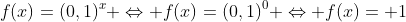 f(x)=(0,1)^x Leftrightarrow f(x)=(0,1)^0 Leftrightarrow f(x)= 1
