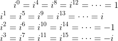 i^0=i^4=i^8=i^{12}=\cdots =1\\ i^1=i^5=i^9=i^{13}=\cdots =i \\ i^2=i^6=i^{10}=i^{14}=\cdots =-1 \\ i^3=i^7=i^{11}=i^{15}=\cdots =-i