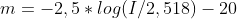 m=-2,5*log(I/2,518)-20